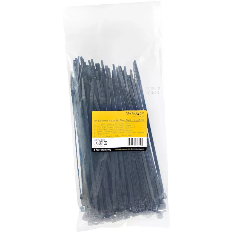 StarTech.com 8 colių (20 cm) kabelių raiščiai – 1/8 colio (4 mm) pločio, 2-1/8 colio (55 mm) ryšulio skersmuo, 50 svarų (22 kg) tempimo stiprumas, nailoniniai savaime užsifiksuojantys raiščiai su lenktu galu – 94V-2/UL sertifikuoti, 100 vnt. pakuotė, juod