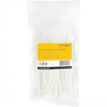 StarTech.com 100 vnt. 6 colių (15 cm) kabelių raiščiai - 3,6 mm pločio, 39 mm ryšulio skersmuo, 18 kg tempimo stipris, nailoniniai užtraukiami raiščiai su lenktu galu, UL sertifikuoti, balti - TAA