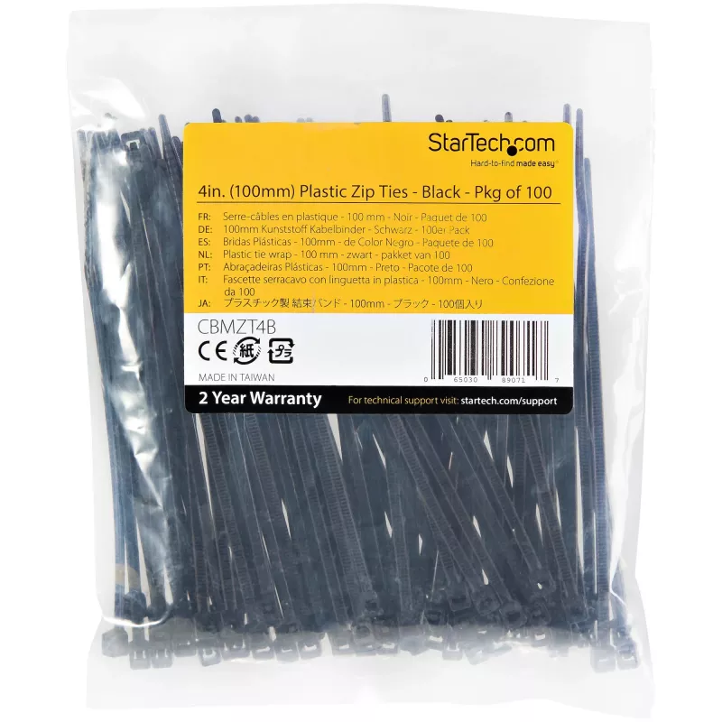 StarTech.com 4 colių (10 cm) kabelių raiščiai - 1/16 colio (2 mm) pločio, 7/8 colio (22 mm) ryšulio skersmuo, 18 svarų (8 kg) tempimo stipris, nailono savaime užsifiksuojantys raiščiai su lenktu galu - 94V-2/UL sertifikuoti, 100 vnt. pakuotė - juoda