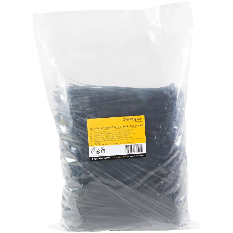 StarTech.com 1000 vnt. 6 colių (15 cm) kabelių raiščiai - 1/8 colio (3,6 mm) pločio, 1-3/8 colio (39 mm) ryšulio skersmuo, 40 svarų (18 kg) tempimo stiprumas, nailoniniai savaime užsifiksuojantys raiščiai su lenktu galu, UL sertifikuoti, juodi - TAA
