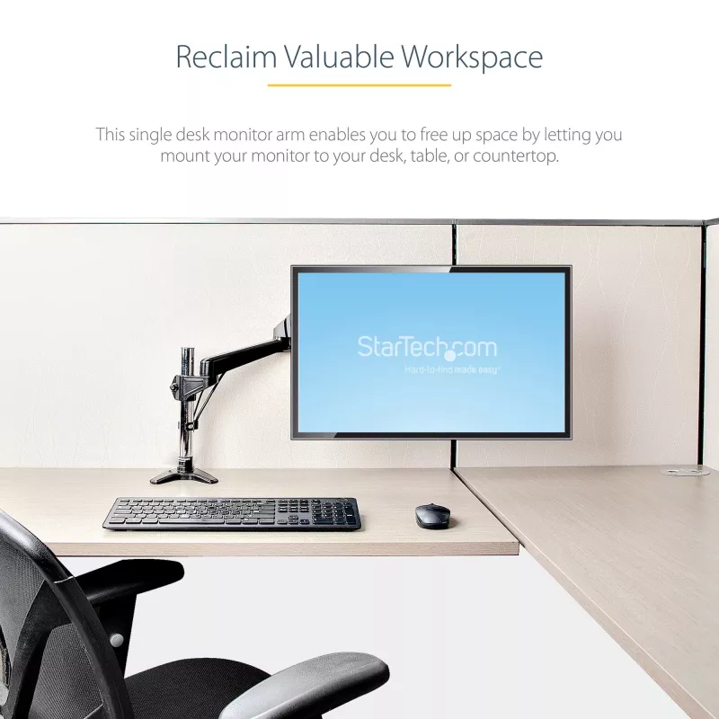 StarTech.com stalinis monitoriaus laikiklis vienam VESA ekranui iki 32 colių arba 49 colių itin plačiam 8kg/17,6lb – pilnas judesys, reguliuojamas aukštis – C spaustuvas, grommet – vieno monitoriaus laikiklis