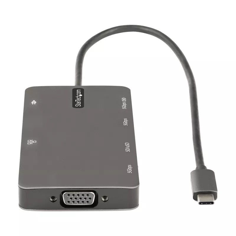 StarTech.com USB-C kelių prievadų adapteris - HDMI 4K 30Hz arba VGA kelioninis dokas - 5Gbps USB 3.0 šakotuvas (USB A / USB C prievadai) - 100W Power Delivery - SD/MicroSD - GbE - 30cm laidas - USB-C mini dokas