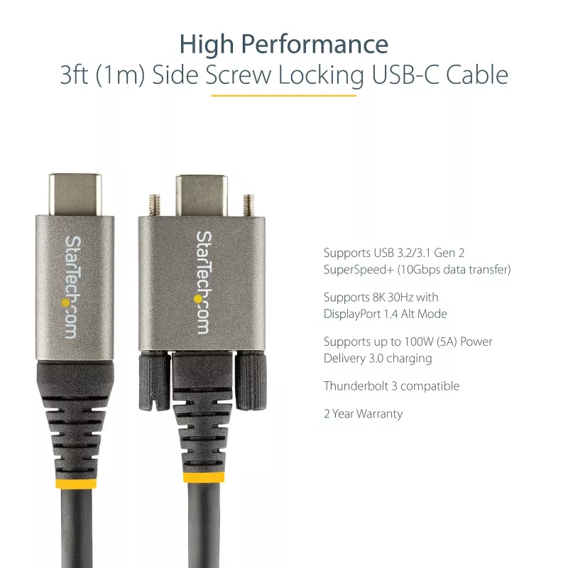 StarTech.com 20 colių (50 cm) USB-C laidas su šoniniais fiksavimo varžtais – 10Gbps, USB 3.1/3.2 Gen 2, 100W (5A) Power Delivery, DP Alt režimas – dvigubas fiksavimo varžtas – USB-C laidas įkrovimui ir sinchronizavimui