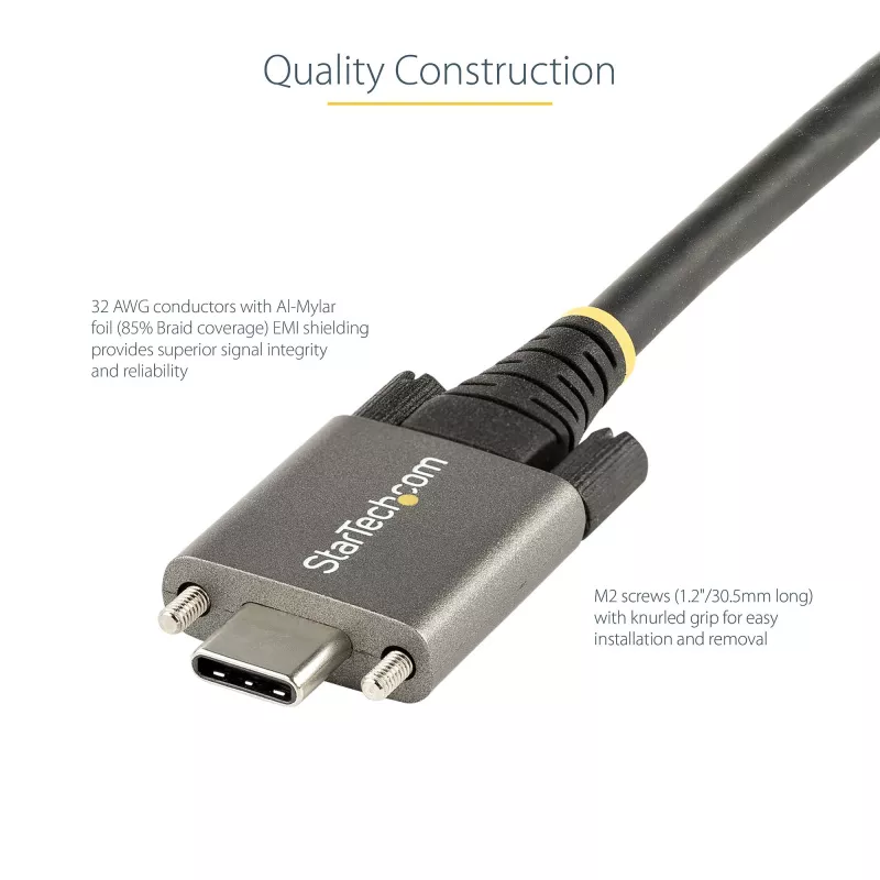 StarTech.com 20 colių (50 cm) USB-C laidas su šoniniais fiksavimo varžtais – 10Gbps, USB 3.1/3.2 Gen 2, 100W (5A) Power Delivery, DP Alt režimas – dvigubas fiksavimo varžtas – USB-C laidas įkrovimui ir sinchronizavimui