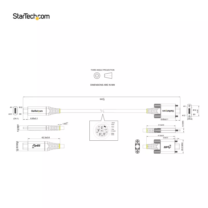 StarTech.com 20 colių (50 cm) USB-C laidas su šoniniais fiksavimo varžtais – 10Gbps, USB 3.1/3.2 Gen 2, 100W (5A) Power Delivery, DP Alt režimas – dvigubas fiksavimo varžtas – USB-C laidas įkrovimui ir sinchronizavimui