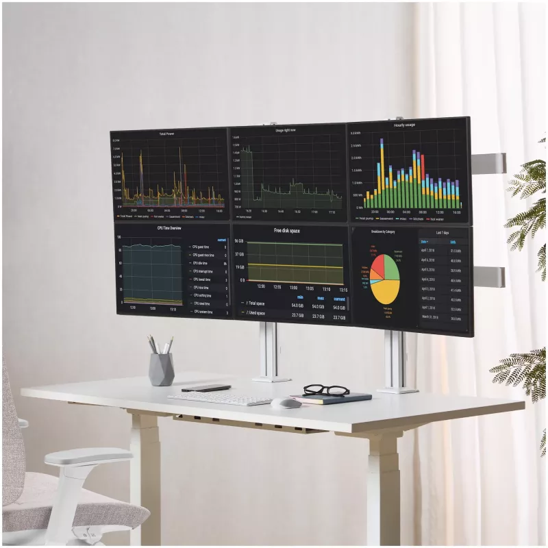 StarTech.com šešių monitorių stovas su skersiniu, iki 32 colių ekranams, 8 kg vienam, dviejų kolonų, C-spaustuvas/įvorė, reguliuojamas aukštis