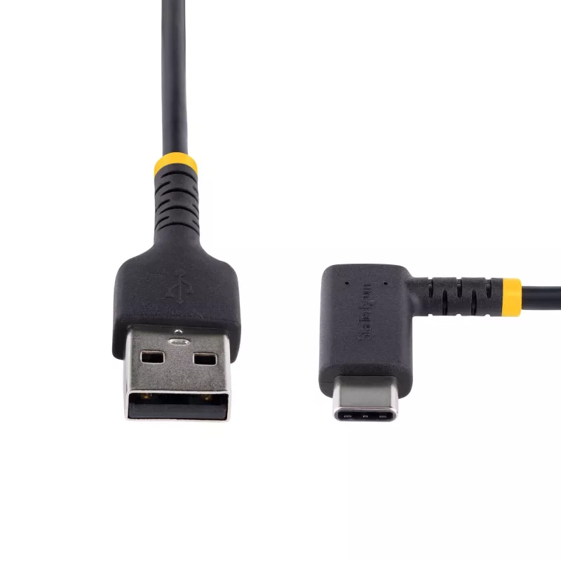 StarTech.com 6 col. (15 cm) USB A į C įkrovimo laidas stačiu kampu – tvirtas greito įkrovimo USB-C laidas – juodas USB 2.0 A į Type-C – armuotas aramidiniu pluoštu – 3A – trumpas USB įkrovimo laidas