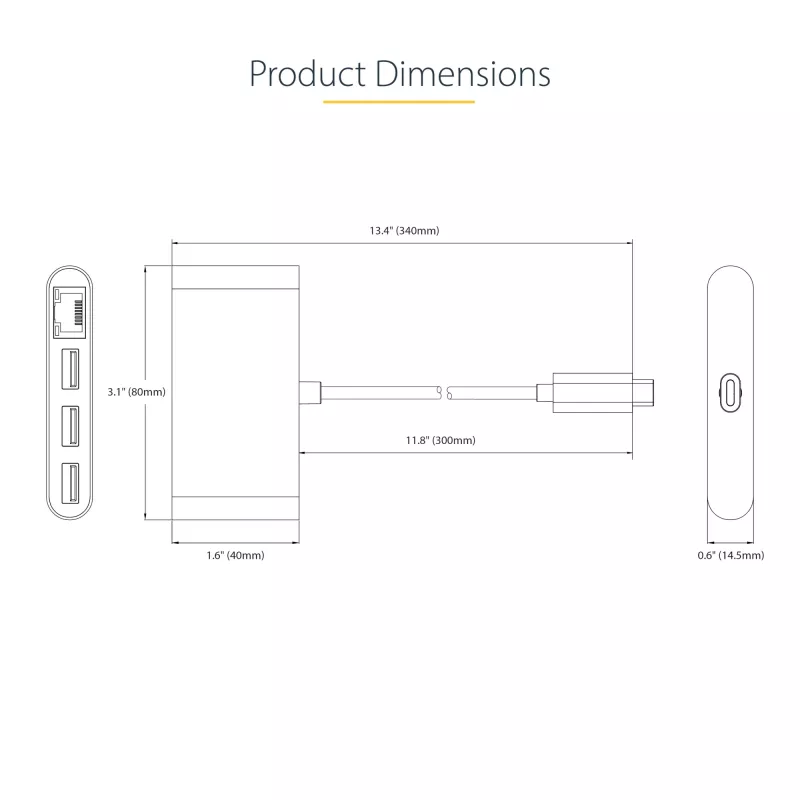 StarTech.com 3 prievadų USB-C centras su Ethernet - 3x USB-A - Gigabit Ethernet - USB 3.0 5Gbps - maitinamas iš magistralės - 30 cm ilgio USB-C laidas - nešiojamas USB-C į USB-A centras