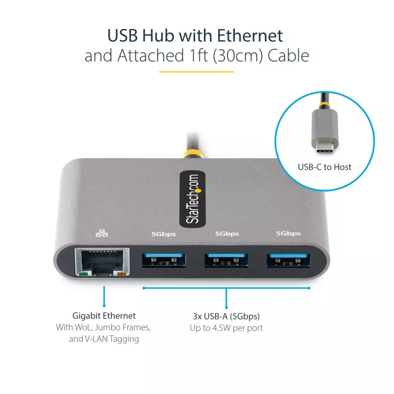 StarTech.com 3 prievadų USB-C centras su Ethernet - 3x USB-A - Gigabit Ethernet - USB 3.0 5Gbps - maitinamas iš magistralės - 30 cm ilgio USB-C laidas - nešiojamas USB-C į USB-A centras