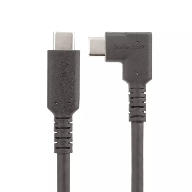 StarTech.com 1,6 pėdų (50 cm) tvirtas stačiu kampu USB-C laidas, USB 3.2 Gen 2 (10 Gbps), pilnai funkcionalus USB C į C duomenų perdavimo laidas, 4K 60 Hz DP Alt režimas, 100 W galios tiekimas – 90 laipsnių USB Type-C laidas