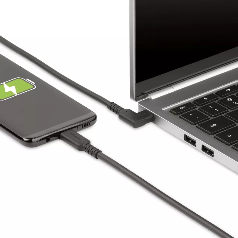 StarTech.com 1,6 pėdų (50 cm) tvirtas stačiu kampu USB-C laidas, USB 3.2 Gen 2 (10 Gbps), pilnai funkcionalus USB C į C duomenų perdavimo laidas, 4K 60 Hz DP Alt režimas, 100 W galios tiekimas – 90 laipsnių USB Type-C laidas