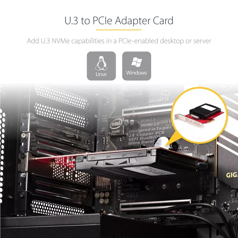 StarTech.com U.3 į PCIe adapterio kortelė, PCIe 4.0 x4 adapteris, skirta 2,5 colio U.3 NVMe SSD, SFF-TA-1001 PCI Express papildymo kortelė staliniams kompiuteriams/serveriams, TAA atitinkanti – nuo OS nepriklausoma