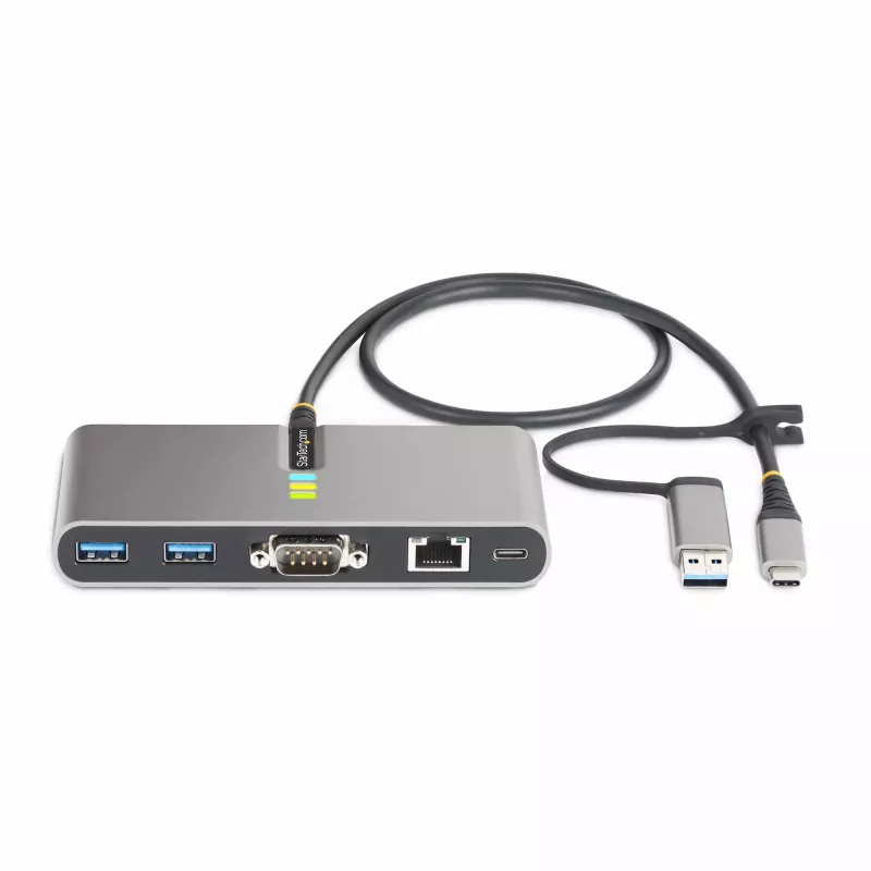 StarTech.com 2 prievadų USB-C šakotuvas su Ethernet ir RS-232, prisegtas USB-C į USB-A adapteris, 100W PD perdavimas, 2x USB-A 5Gbps, Gigabit Ethernet, RS232 Serial (FTDI)