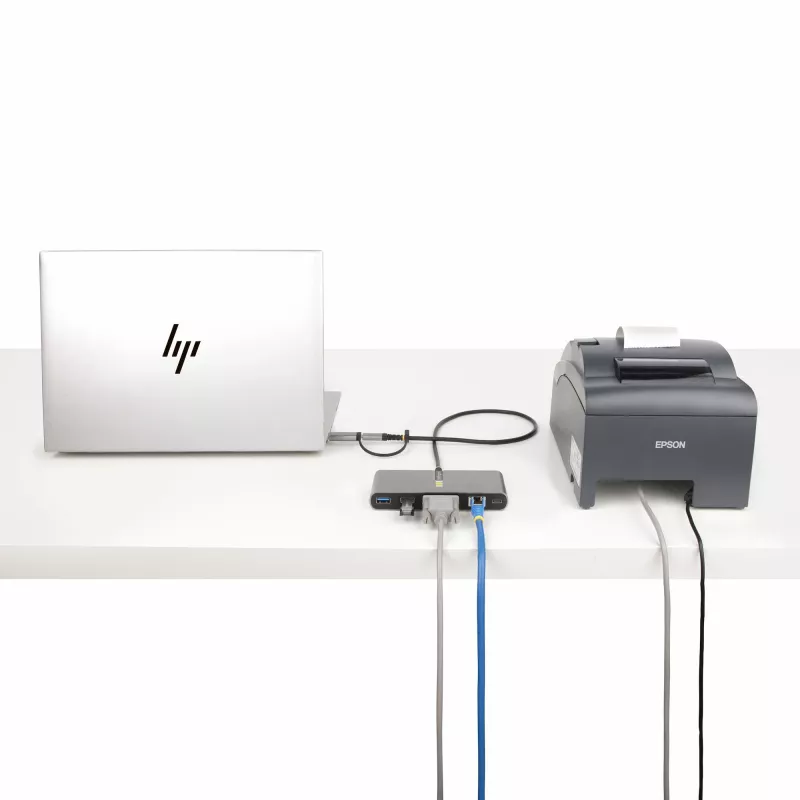 StarTech.com 2 prievadų USB-C šakotuvas su Ethernet ir RS-232, prisegtas USB-C į USB-A adapteris, 100W PD perdavimas, 2x USB-A 5Gbps, Gigabit Ethernet, RS232 Serial (FTDI)