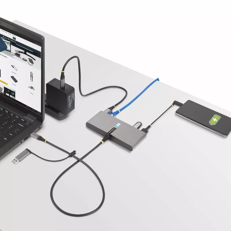 StarTech.com 2 prievadų USB-C šakotuvas su Ethernet ir RS-232, prisegtas USB-C į USB-A adapteris, 100W PD perdavimas, 2x USB-A 5Gbps, Gigabit Ethernet, RS232 Serial (FTDI)