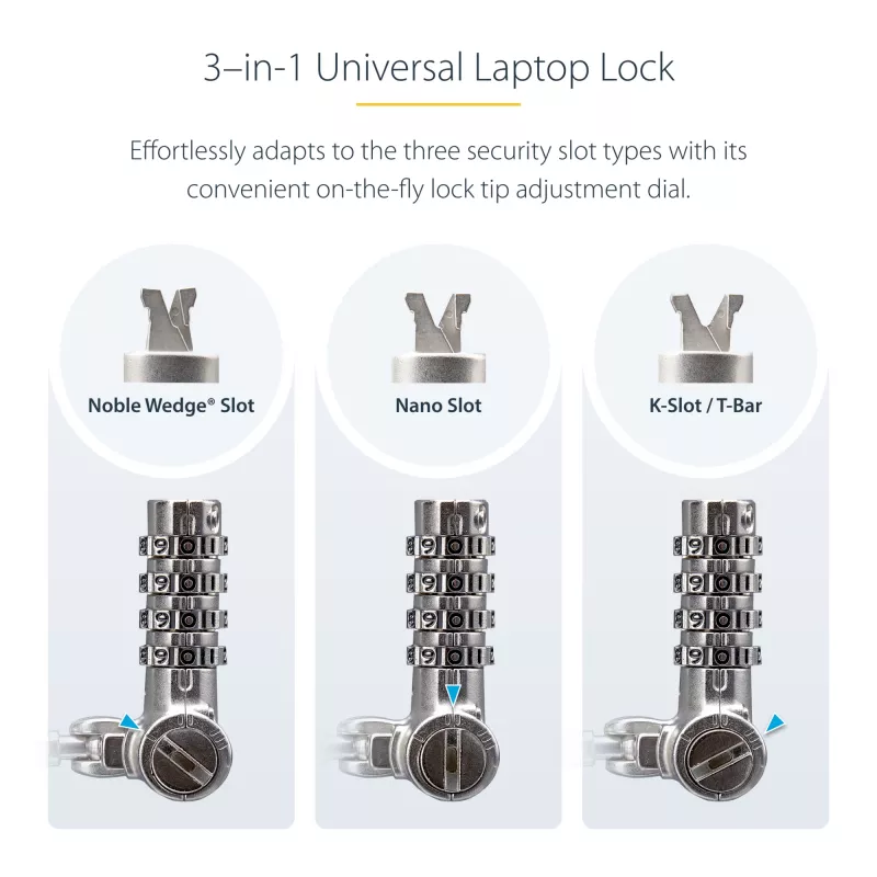 StarTech.com Universalus nešiojamojo kompiuterio spynos laidas 6,6 pėdų (2 m), apsauginis kabelis nešiojamam kompiuteriui, suderinamas su Noble Wedge®/Nano/K-Slot; bekombinacinė spyna, apsauga nuo vagystės, pjovimui atsparus plieninis kabelis