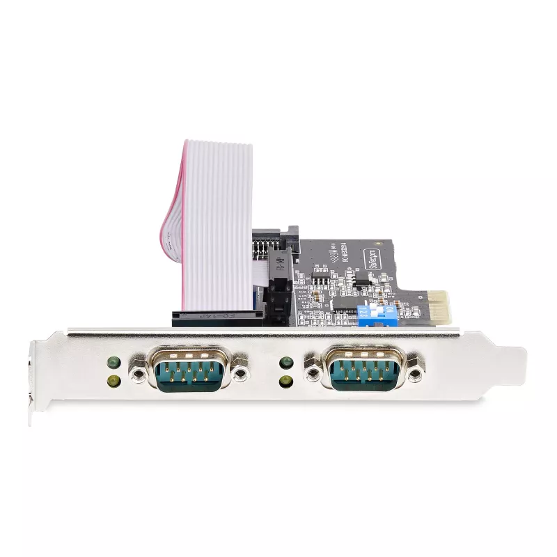 StarTech.com 2 prievadų PCIe serijinė plokštė, dviejų prievadų PCI Express į RS232/RS422/RS485 (DB9) serijinė plokštė, su žemo profilio laikikliais, 16C1050 UART, Windows/Linux, TAA atitiktis – 4 lygio ESD apsauga