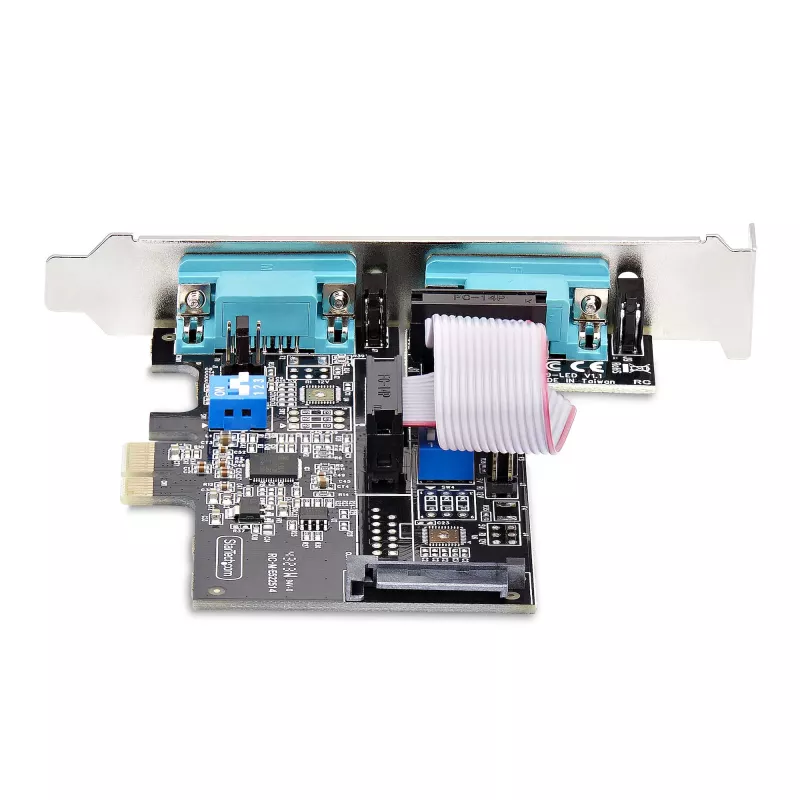 StarTech.com 2 prievadų PCIe serijinė plokštė, dviejų prievadų PCI Express į RS232/RS422/RS485 (DB9) serijinė plokštė, su žemo profilio laikikliais, 16C1050 UART, Windows/Linux, TAA atitiktis – 4 lygio ESD apsauga