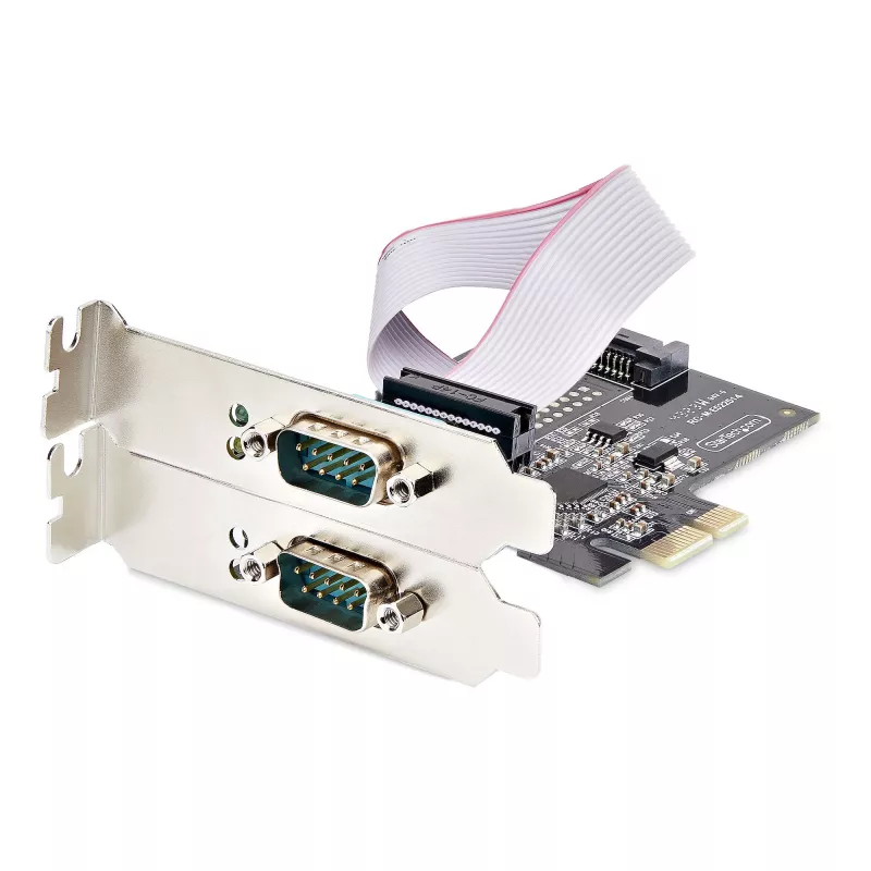 StarTech.com 2 prievadų PCIe serijinė plokštė, dviejų prievadų PCI Express į RS232/RS422/RS485 (DB9) serijinė plokštė, su žemo profilio laikikliais, 16C1050 UART, Windows/Linux, TAA atitiktis – 4 lygio ESD apsauga