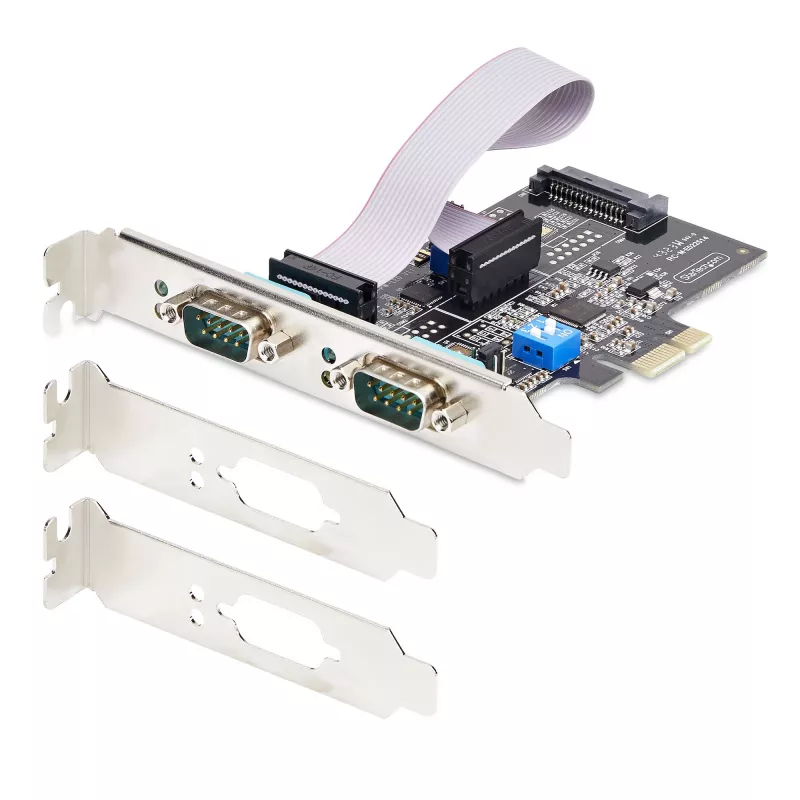 StarTech.com 2 prievadų PCIe serijinė plokštė, dviejų prievadų PCI Express į RS232/RS422/RS485 (DB9) serijinė plokštė, su žemo profilio laikikliais, 16C1050 UART, Windows/Linux, TAA atitiktis – 4 lygio ESD apsauga
