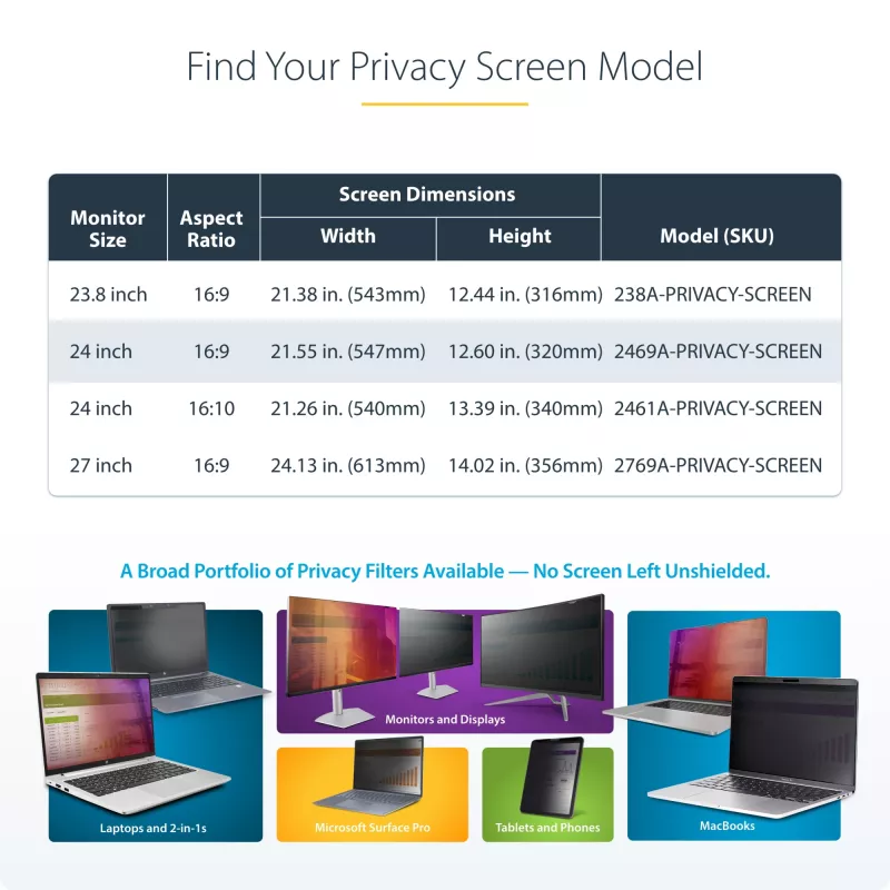 Privatumo ekranas monitoriui StarTech.com 24 colių, 16:9, kabinamas akrilinis filtras, greito montavimo apsauginis skydas, +/-30° žiūrėjimo kampas, blizgus