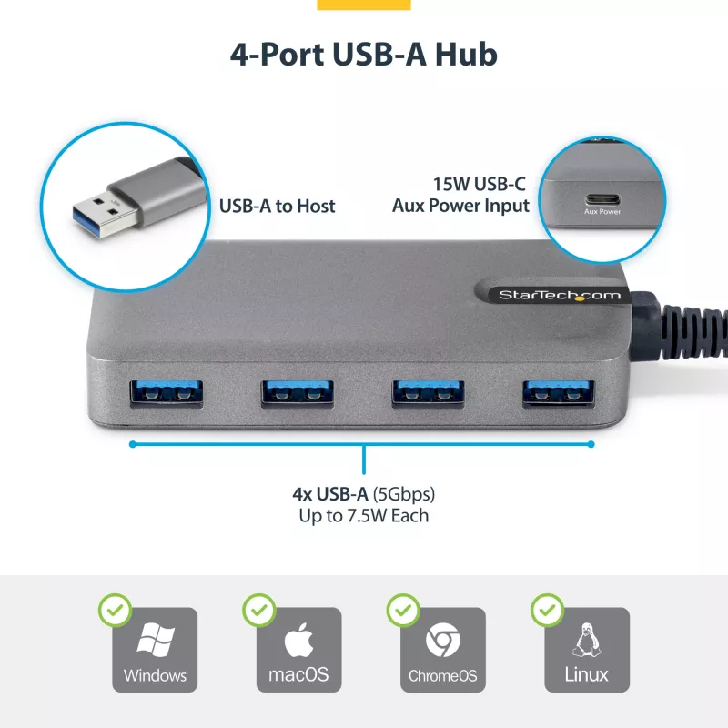 StarTech.com 4 prievadų USB-A šakotuvas, 5 Gbps, maitinamas iš magistralės, USB-A į 4x USB-A su USB-C pagalbiniu maitinimo įėjimu, 30 cm laidas, nešiojamas stalinio/nešiojamojo kompiuterio USB šakotuvas