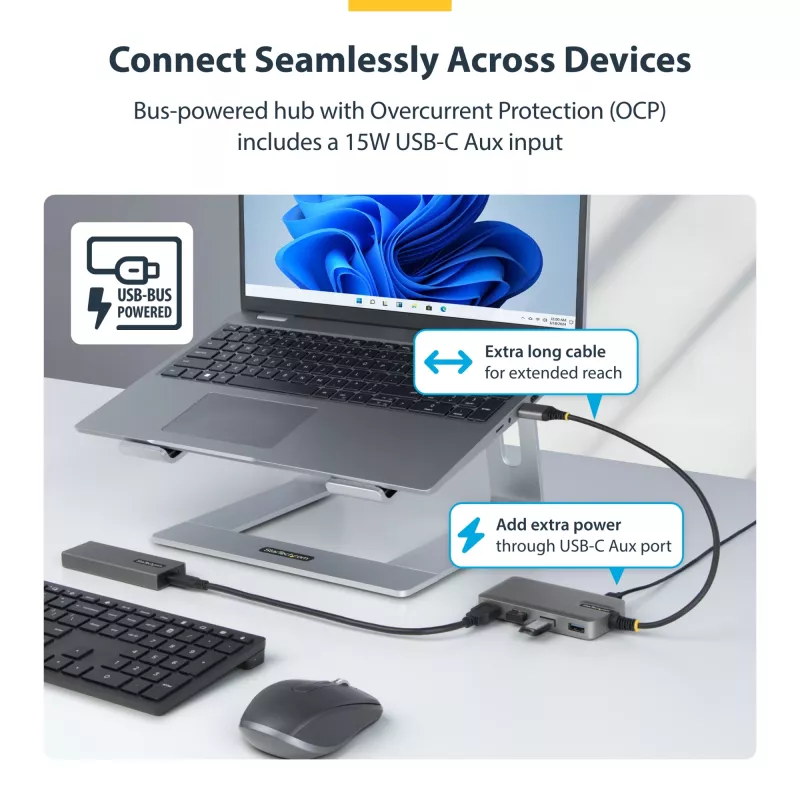 StarTech.com 4 prievadų USB-A šakotuvas, 5 Gbps, maitinamas iš magistralės, USB-A į 4x USB-A su USB-C pagalbiniu maitinimo įėjimu, 30 cm laidas, nešiojamas stalinio/nešiojamojo kompiuterio USB šakotuvas