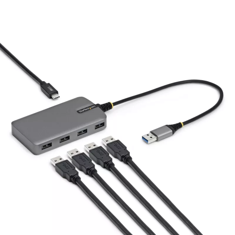 StarTech.com 4 prievadų USB-A šakotuvas, 5 Gbps, maitinamas iš magistralės, USB-A į 4x USB-A su USB-C pagalbiniu maitinimo įėjimu, 30 cm laidas, nešiojamas stalinio/nešiojamojo kompiuterio USB šakotuvas