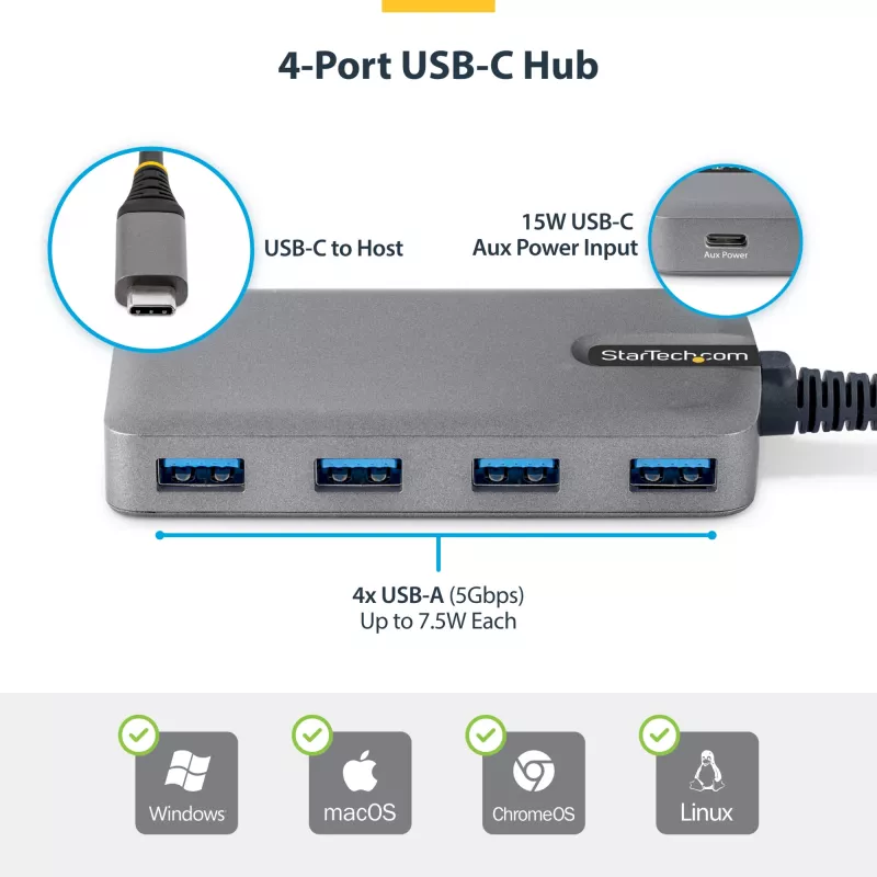 StarTech.com 4 prievadų USB-C šakotuvas, 5 Gbps, maitinamas iš magistralės, USB C į 4x USB-A su USB-C papildomu maitinimo įėjimu, 30 cm laidas, nešiojamas