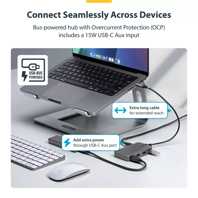 StarTech.com 4 prievadų USB-C šakotuvas, 5 Gbps, maitinamas iš magistralės, USB C į 4x USB-A su USB-C papildomu maitinimo įėjimu, 30 cm laidas, nešiojamas
