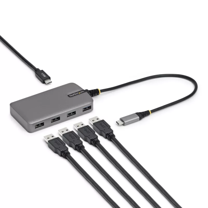 StarTech.com 4 prievadų USB-C šakotuvas, 5 Gbps, maitinamas iš magistralės, USB C į 4x USB-A su USB-C papildomu maitinimo įėjimu, 30 cm laidas, nešiojamas