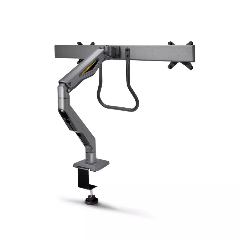 StarTech.com dviejų monitorių stalinis laikiklis su skersine, iki 27 colių ekranams, VESA 75x75/100x100, iki 15 kg, C formos spaustuvas, pilnai reguliuojamas, mechaninė spyruoklė, TAA
