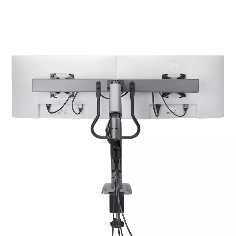 StarTech.com dviejų monitorių stalinis laikiklis su skersine, iki 27 colių ekranams, VESA 75x75/100x100, iki 15 kg, C formos spaustuvas, pilnai reguliuojamas, mechaninė spyruoklė, TAA