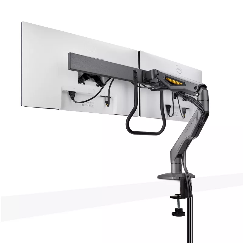 StarTech.com dviejų monitorių stalinis laikiklis su skersine, iki 27 colių ekranams, VESA 75x75/100x100, iki 15 kg, C formos spaustuvas, pilnai reguliuojamas, mechaninė spyruoklė, TAA