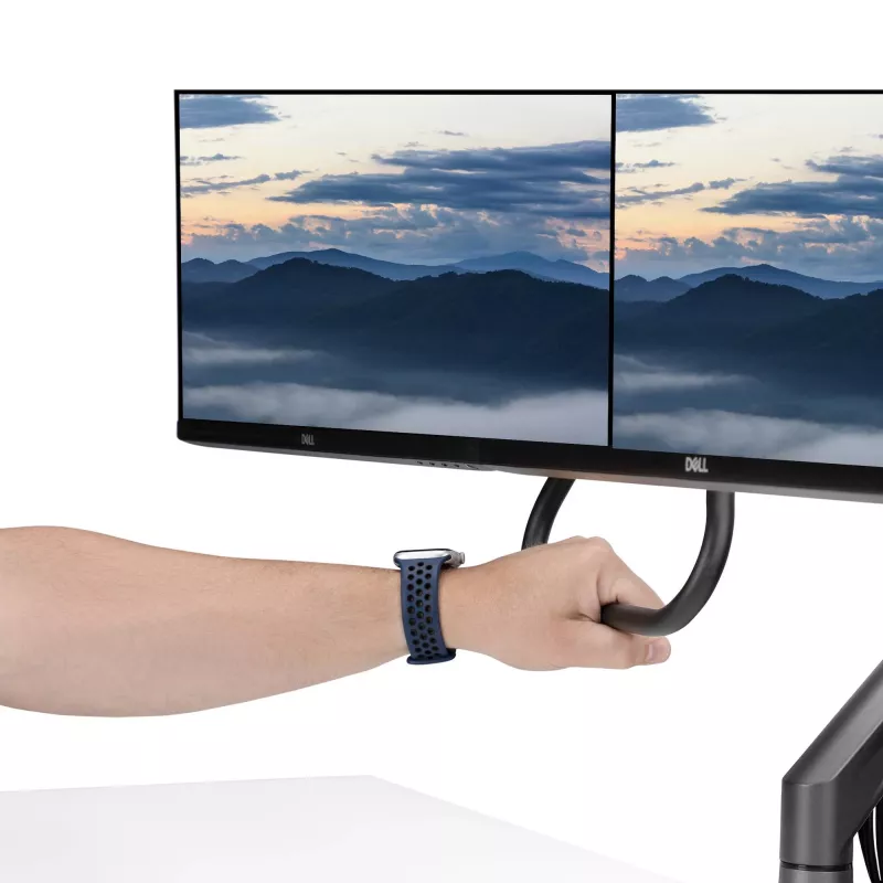 StarTech.com dviejų monitorių stalinis laikiklis su skersine, iki 27 colių ekranams, VESA 75x75/100x100, iki 15 kg, C formos spaustuvas, pilnai reguliuojamas, mechaninė spyruoklė, TAA