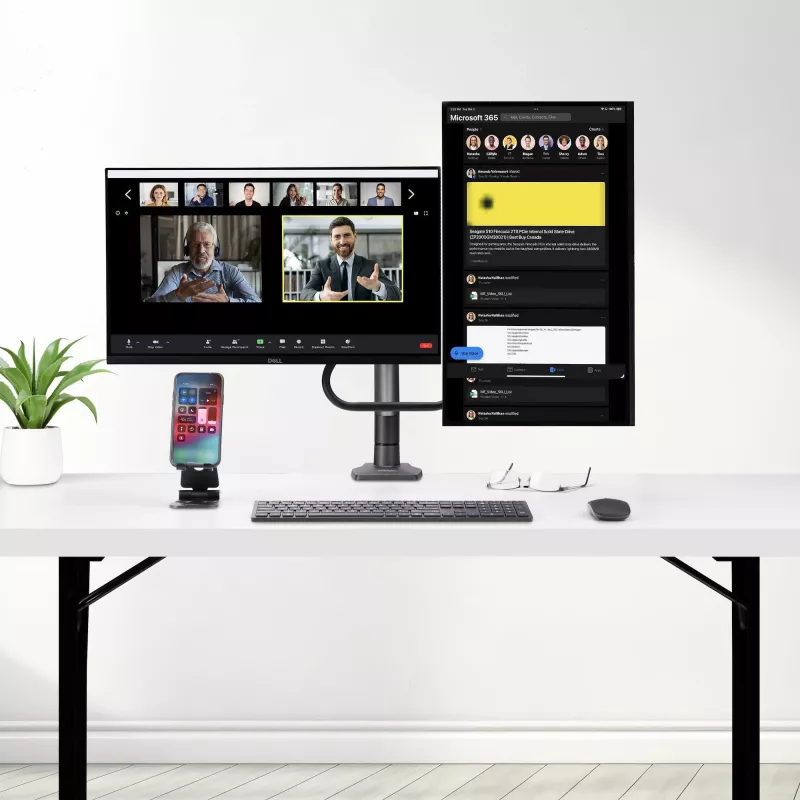 StarTech.com dviejų monitorių stalinis laikiklis su skersine, iki 27 colių ekranams, VESA 75x75/100x100, iki 15 kg, C formos spaustuvas, pilnai reguliuojamas, mechaninė spyruoklė, TAA