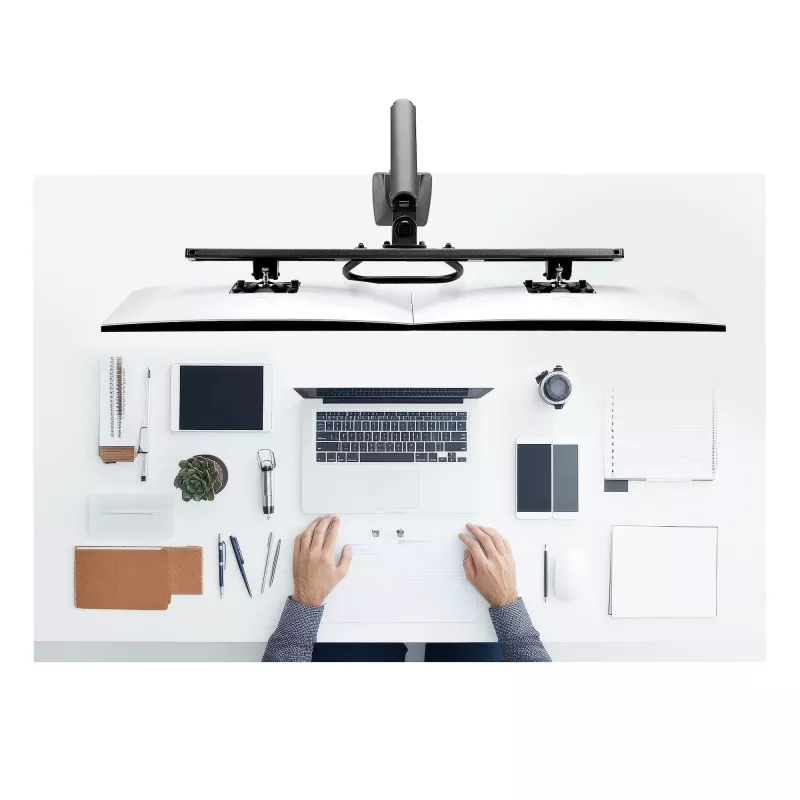 StarTech.com dviejų monitorių stalinis laikiklis su skersine, iki 27 colių ekranams, VESA 75x75/100x100, iki 15 kg, C formos spaustuvas, pilnai reguliuojamas, mechaninė spyruoklė, TAA