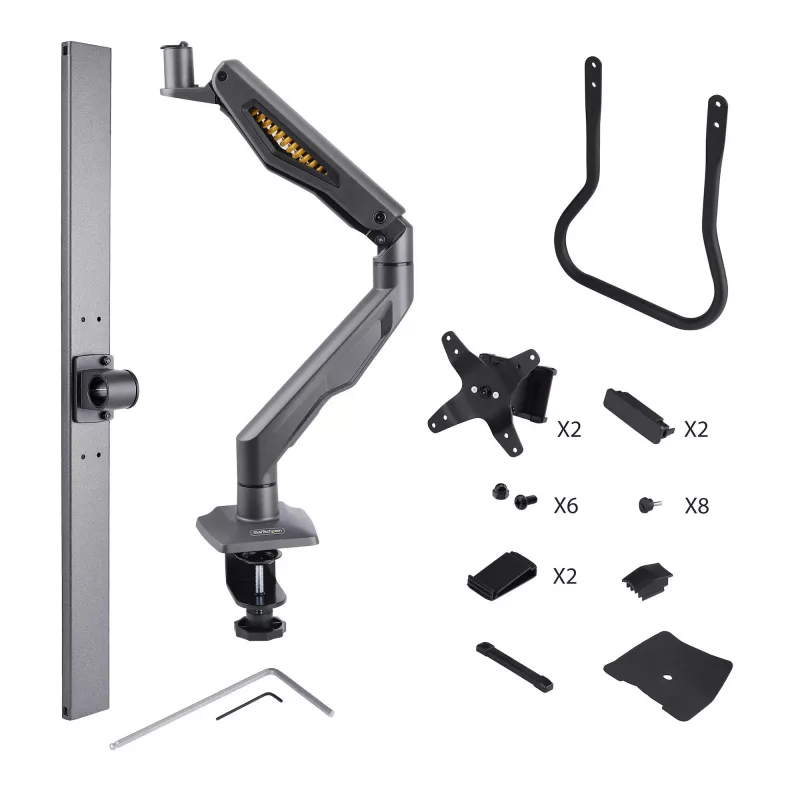 StarTech.com dviejų monitorių stalinis laikiklis su skersine, iki 27 colių ekranams, VESA 75x75/100x100, iki 15 kg, C formos spaustuvas, pilnai reguliuojamas, mechaninė spyruoklė, TAA