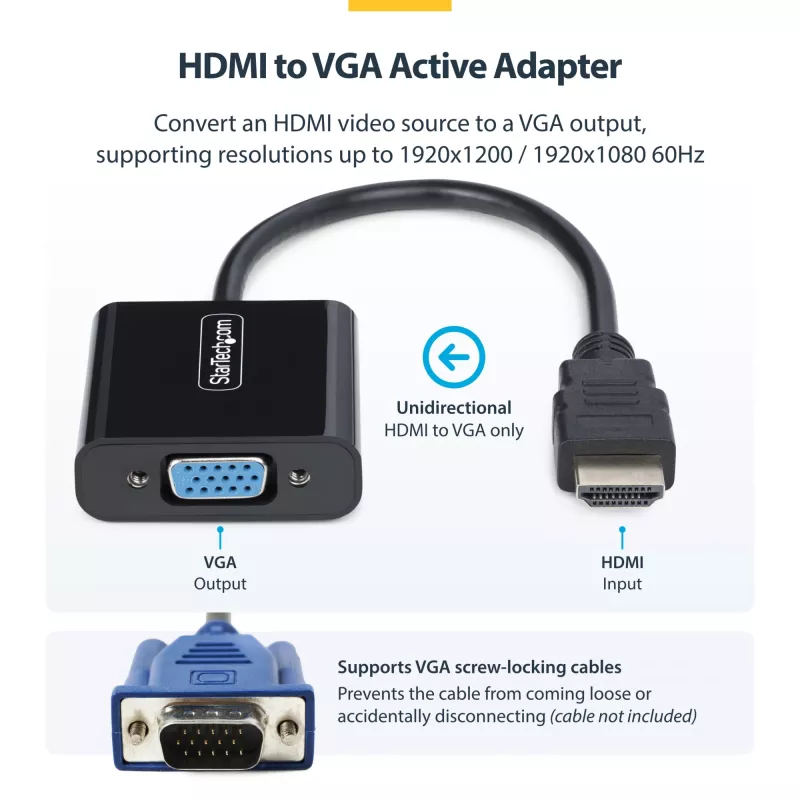 StarTech.com HDMI į VGA adapteris, aktyvus vaizdo keitiklis nešiojamam/ staliniui kompiuteriui, 1920x1080 (1080p), HDMI šaltinis prie VGA monitoriaus/ekrano/projektoriaus
