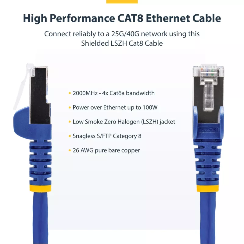 StarTech.com 3 m mėlynas CAT8 Ethernet kabelis, belaikis RJ45, 25G/40G, 2000 MHz, 100W PoE++, S/FTP, 26AWG gryna varinė viela, LSZH, ekranuotas tinklo laidininkas su įtempimo mažinimo elementais, individualiai išbandytas