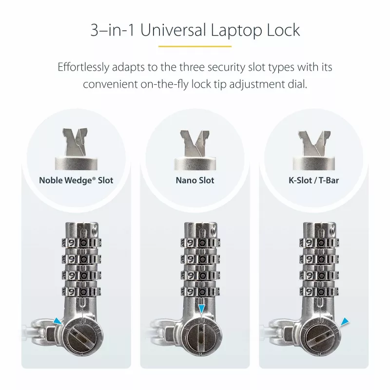 StarTech.com 25 vnt. universalus nešiojamojo kompiuterio užraktas 2 m, su pagrindiniu raktu, apsauginis kabelis, suderinamas su Noble Wedge®/Nano/K-Slot; antipavogimo, atsparus pjovimui kabelis