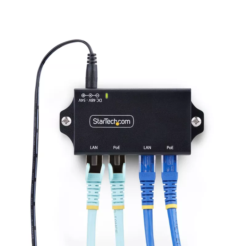 StarTech.com 2 prievadų Gigabit PoE+ įpurškiklis, 10/100/1000Mbps, PoE+ (802.3af/at), 30W, 1Gbps Ethernet, montuojamas ant sienos, nevaldomas maitinimas per Ethernet