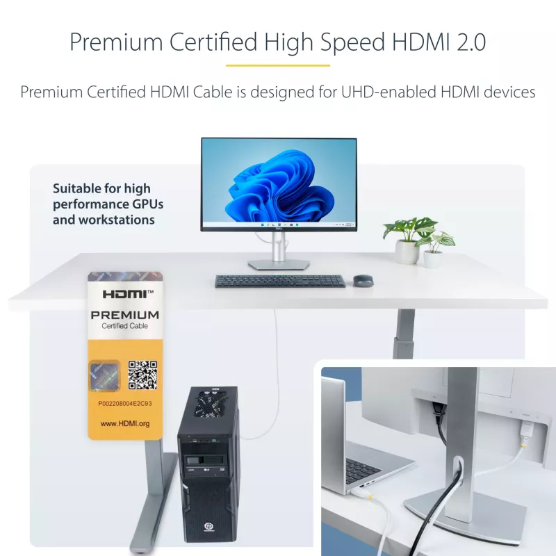 StarTech.com 10ft (3m) Premium sertifikuotas didelės spartos HDMI laidas, 4K 60Hz/1440p 144Hz, HDR10/HDCP 2.2/ARC, 18Gbps, UHD HDMI 2.0 laidas TV/monitoriui/ekranui, TPE apvalkalas, baltas