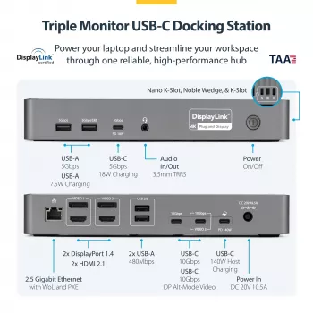 StarTech.com USB-C stotelė trims monitoriams, 140W įkrovimas nešiojamam kompiuteriui, 4K 60Hz HDMI arba DisplayPort, TAA