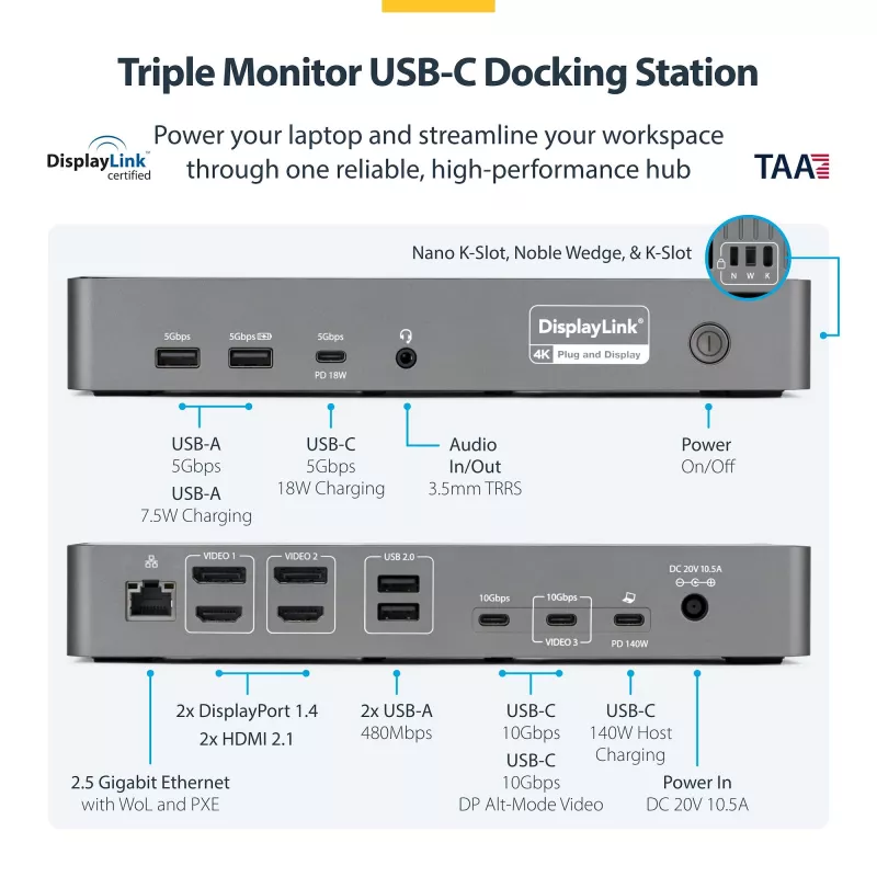 StarTech.com USB-C stotelė trims monitoriams, 140W įkrovimas nešiojamam kompiuteriui, 4K 60Hz HDMI arba DisplayPort, TAA