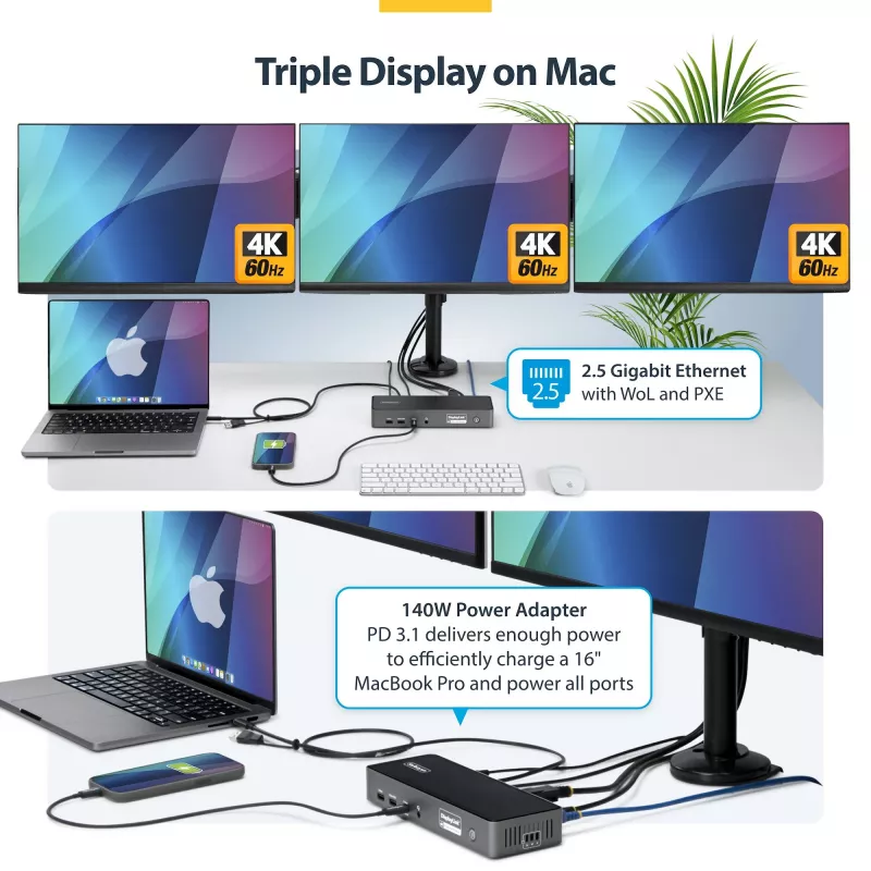 StarTech.com USB-C stotelė trims monitoriams, 140W įkrovimas nešiojamam kompiuteriui, 4K 60Hz HDMI arba DisplayPort, TAA