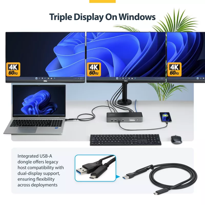 StarTech.com USB-C stotelė trims monitoriams, 140W įkrovimas nešiojamam kompiuteriui, 4K 60Hz HDMI arba DisplayPort, TAA
