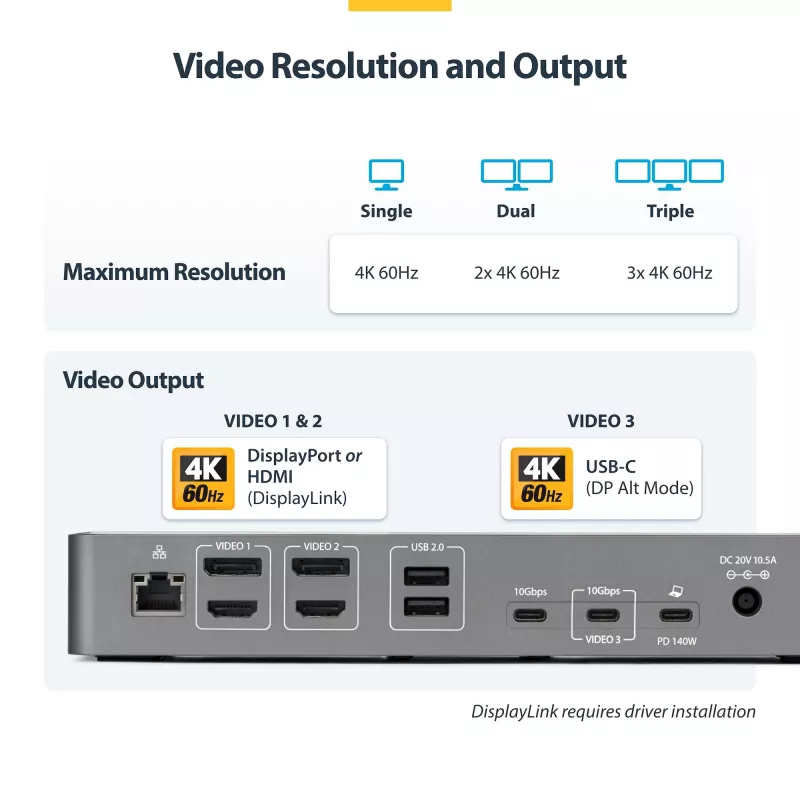 StarTech.com USB-C stotelė trims monitoriams, 140W įkrovimas nešiojamam kompiuteriui, 4K 60Hz HDMI arba DisplayPort, TAA
