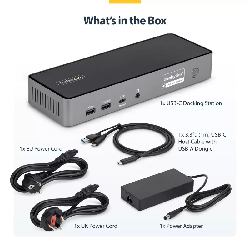 StarTech.com USB-C stotelė trims monitoriams, 140W įkrovimas nešiojamam kompiuteriui, 4K 60Hz HDMI arba DisplayPort, TAA