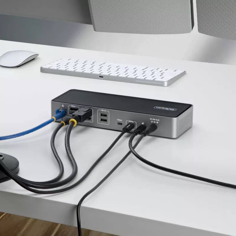 StarTech.com USB-C stotelė trims monitoriams, 140W įkrovimas nešiojamam kompiuteriui, 4K 60Hz HDMI arba DisplayPort, TAA